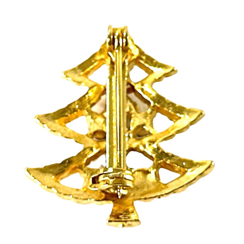 Vintage Christmas Tree Brooch Gold Tone Multicolor Rhinestone Holiday Pin - Picture 6 of 6